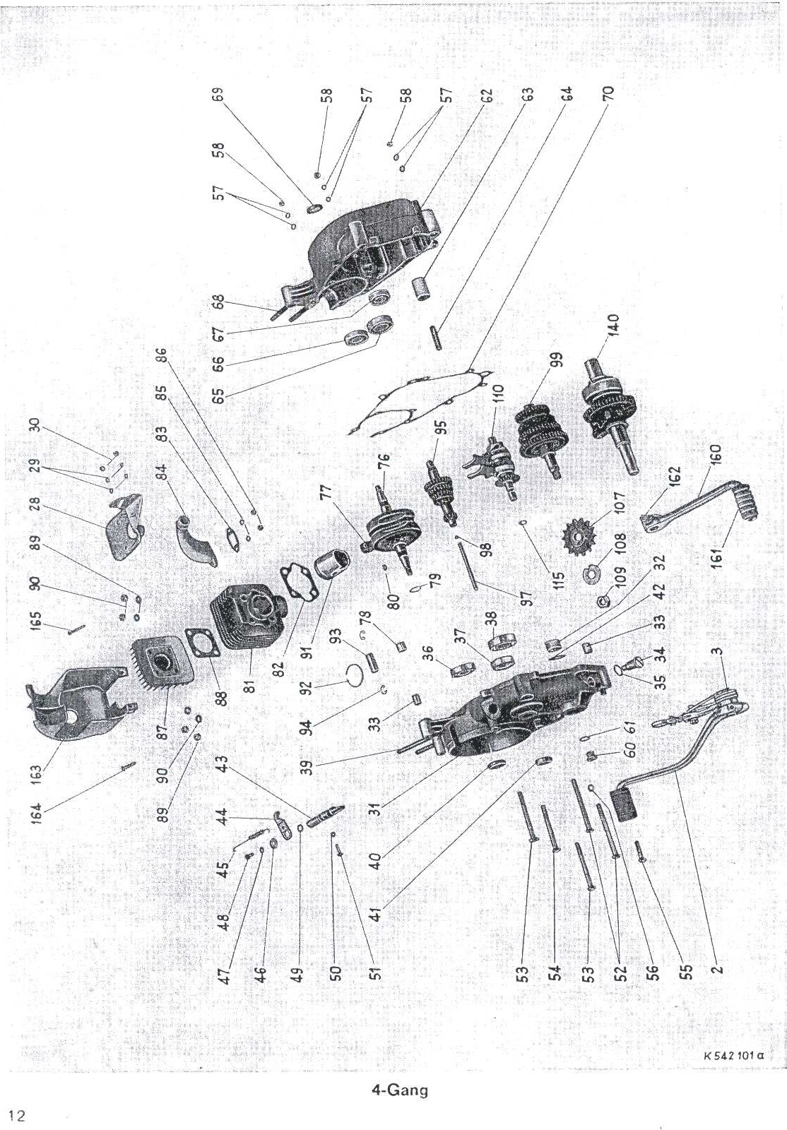 Explosietekening Motor / FuBschalthebel, Bodenwanne, Schrauben Kreidler Florett Eitank (K53/K54) t/m 1966