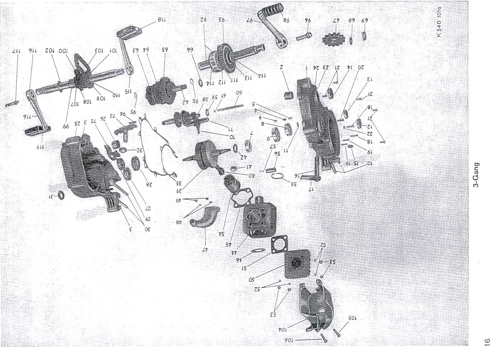 Explosietekening Zylinder und Zylinderkopf, Kolben Kreidler Florett Eitank (K53/K54) t/m 1966