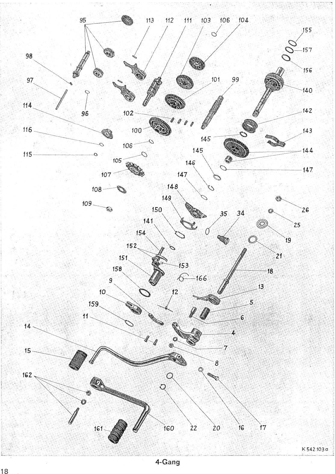 Explosietekening Vorgelegewelle, Keilwelle Kreidler Florett Eitank (K53/K54) t/m 1966