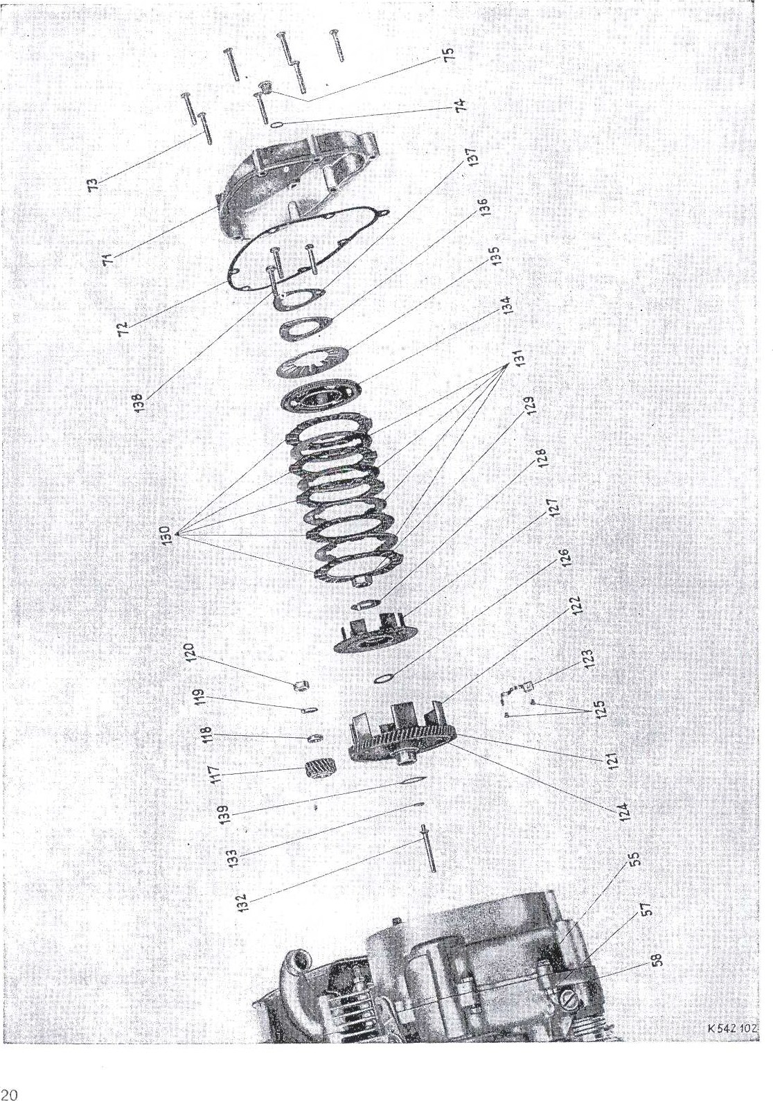 Explosietekening Kupplung und Primärantrieb Kreidler Florett Eitank (K53/K54) t/m 1966