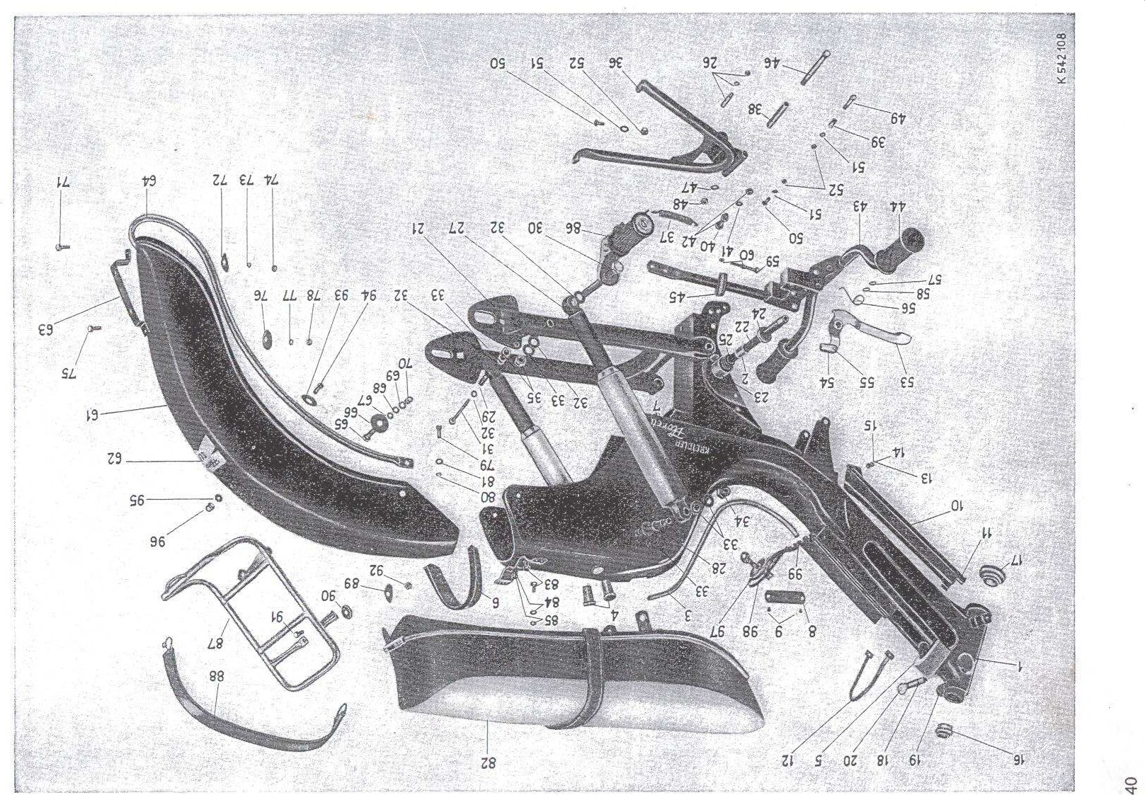 Explosietekening Fahrgestell, Hauptrahmen, Lenkschloß, Hinterradschwinge Kreidler Florett Eitank (K53/K54) t/m 1966