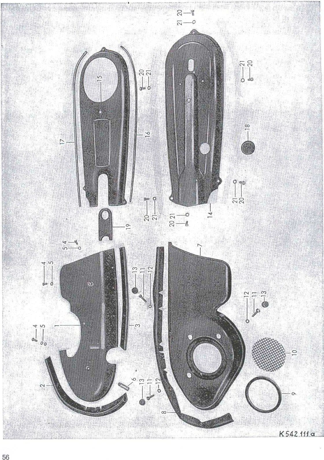 Explosietekening Motorverkleidung und Kettenkasten en He 2 Kreidler Florett Eitank (K53/K54) t/m 1966
