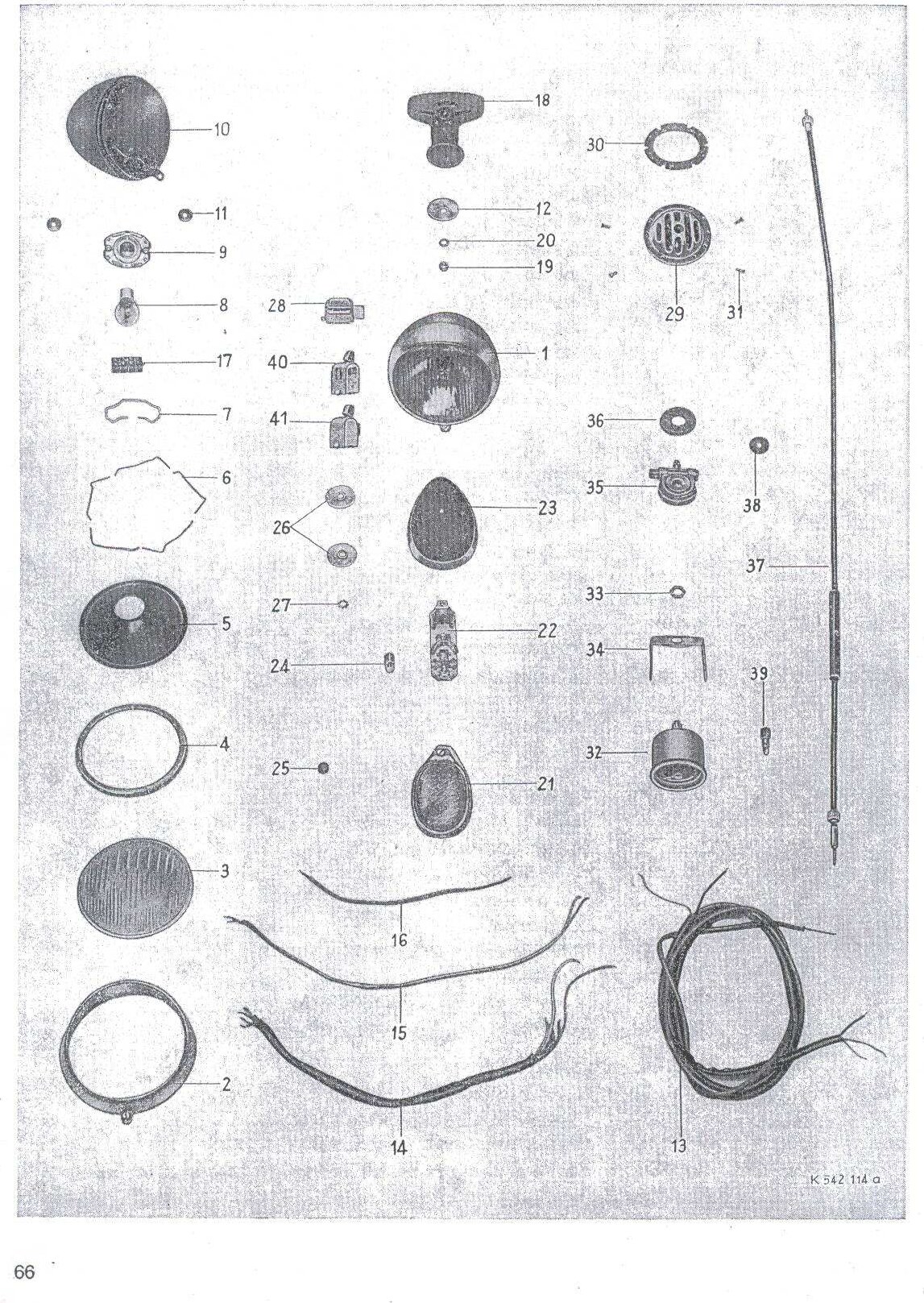 Explosietekening Elektr. Ausrüstung / Schlußlicht, Lenkerschalter Kreidler Florett Eitank (K53/K54) t/m 1966
