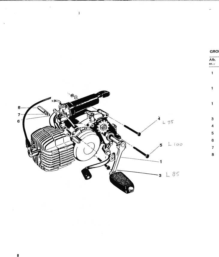 Explosietekening Ie tud leder ee ne ees complete motor. 3 versnellingen Kreidler Florett 1963-1969 (Eitank, tussenmodel en buffeltank)