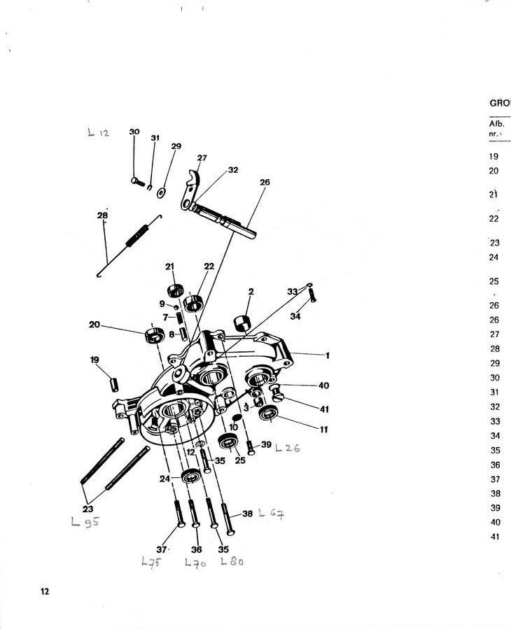 Explosietekening Carterhelft links (2) Kreidler Florett 1963-1969 (Eitank, tussenmodel en buffeltank)