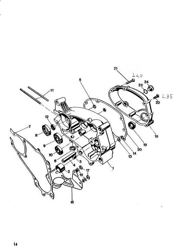 Explosietekening Carterhelft rechts Kreidler Florett 1963-1969 (Eitank, tussenmodel en buffeltank)