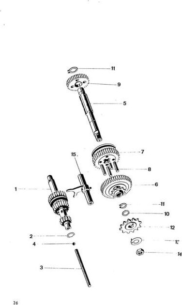 Explosietekening SCHAKELTANDWIELEN MET TOEBEHOREN mi mt Omi U Kantmorbii Kreidler Florett 1963-1969 (Eitank, tussenmodel en buffeltank)