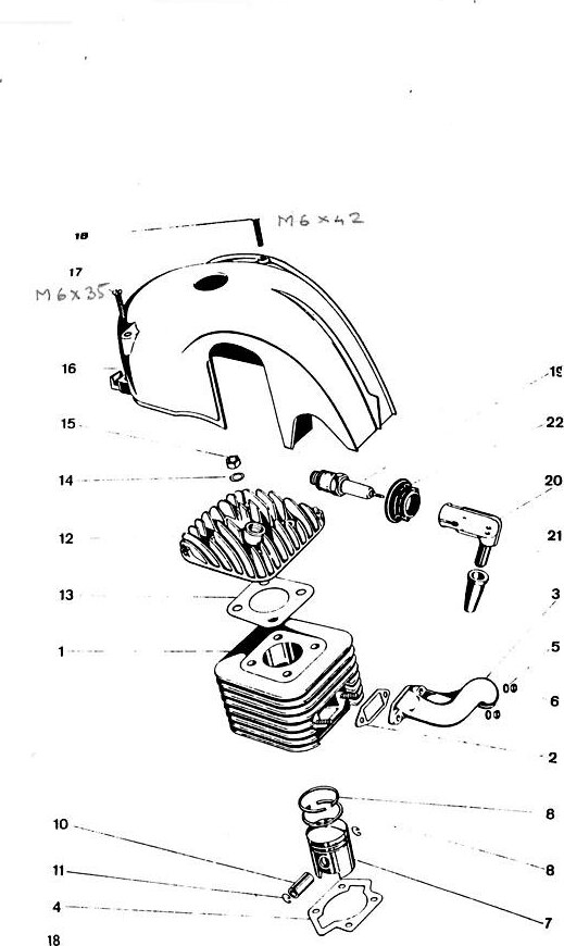 Explosietekening Cilinder en cilinderkop (geforceerd gekoeld) Kreidler Florett 1963-1969 (Eitank, tussenmodel en buffeltank)