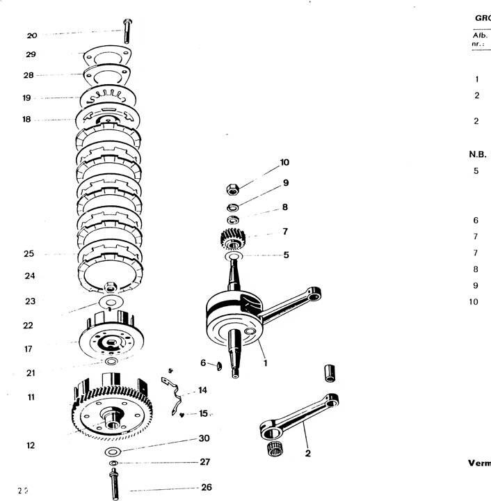 Explosietekening Krukas, koppeling cet = Kreidler Florett 1963-1969 (Eitank, tussenmodel en buffeltank)