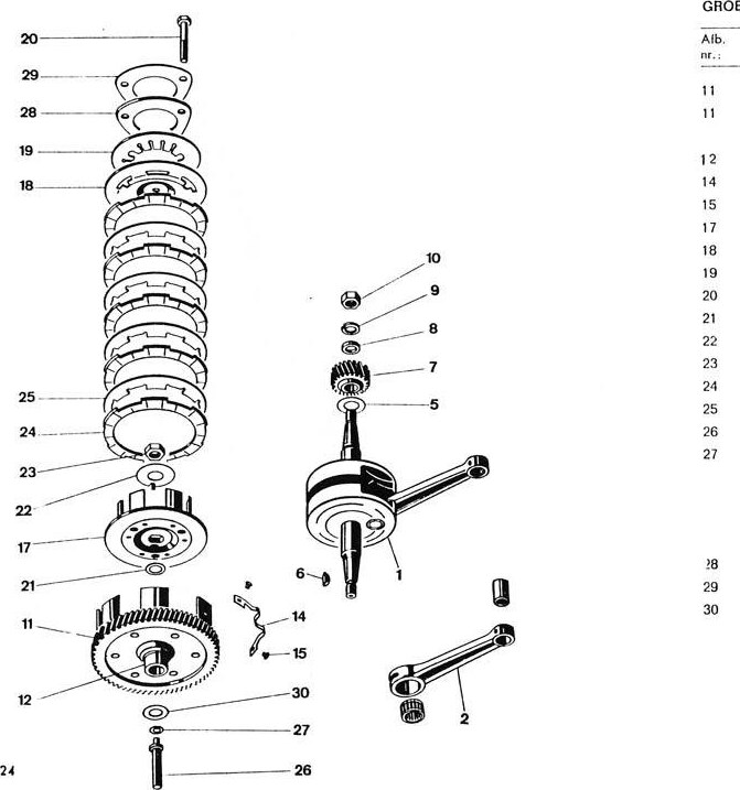 Explosietekening Krukas, koppeling Kreidler Florett 1963-1969 (Eitank, tussenmodel en buffeltank)