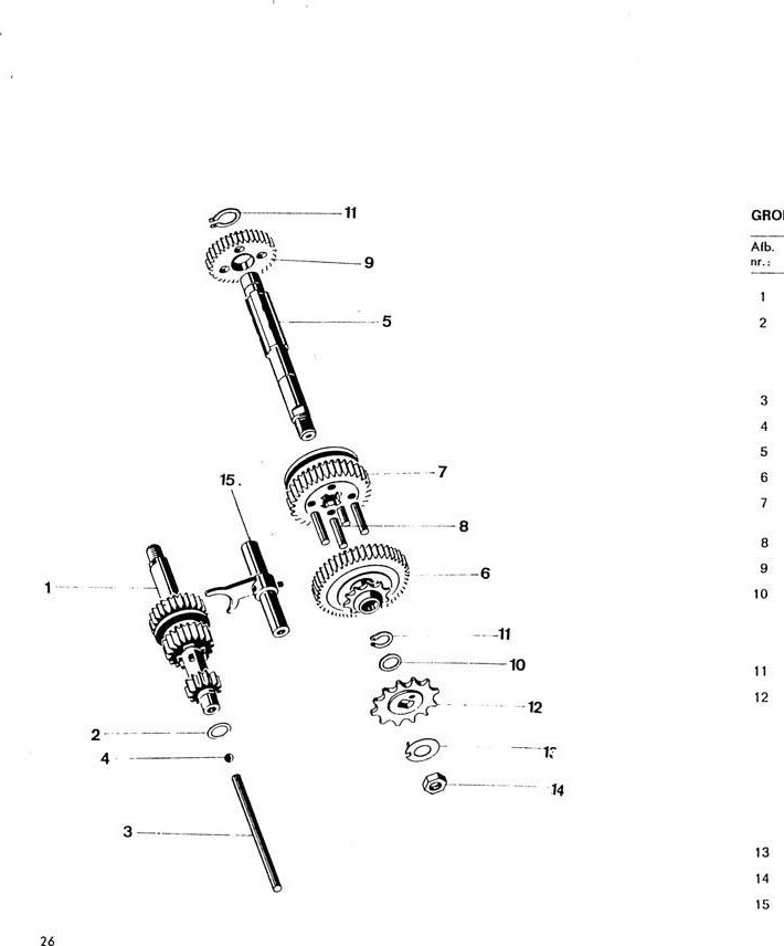 Explosietekening Schakeltandwielen met toebehoren Kreidler Florett 1963-1969 (Eitank, tussenmodel en buffeltank)