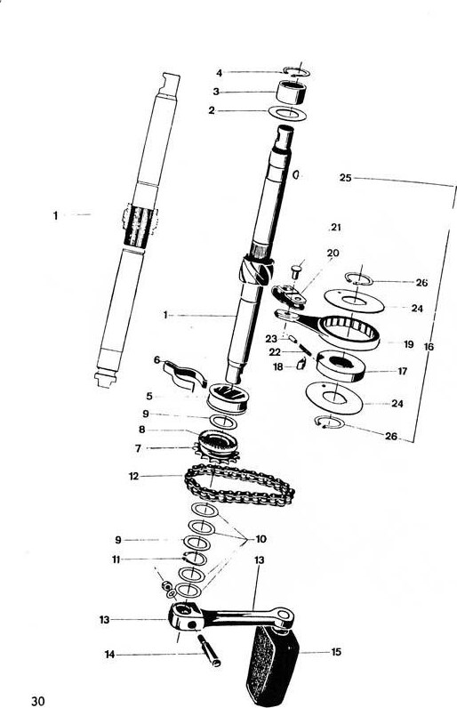 Explosietekening Aantrapmechanisme met remhefboom Kreidler Florett 1963-1969 (Eitank, tussenmodel en buffeltank)