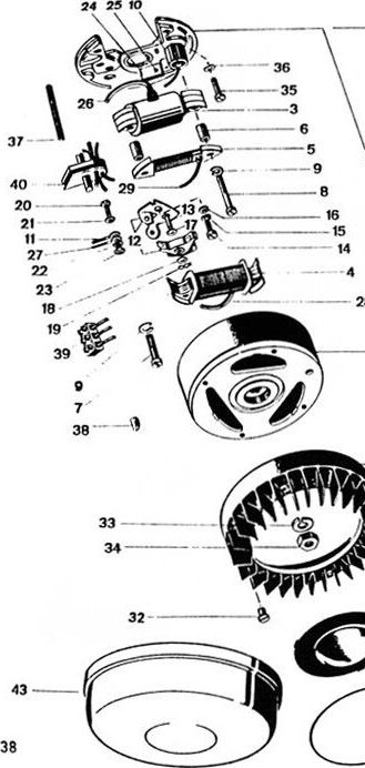 Explosietekening Ontstekingsinrichting 22 watt Kreidler Florett 1963-1969 (Eitank, tussenmodel en buffeltank)