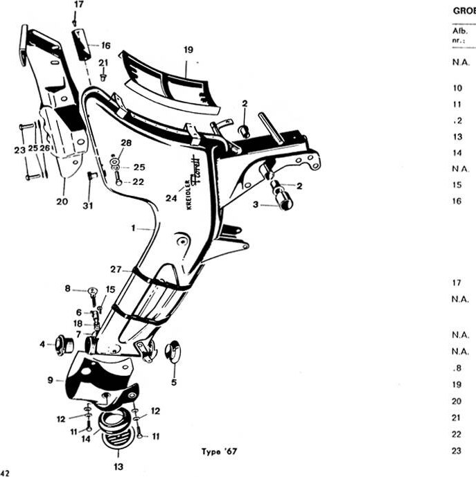 Explosietekening Frame, balhoofd, slot Kreidler Florett 1963-1969 (Eitank, tussenmodel en buffeltank)