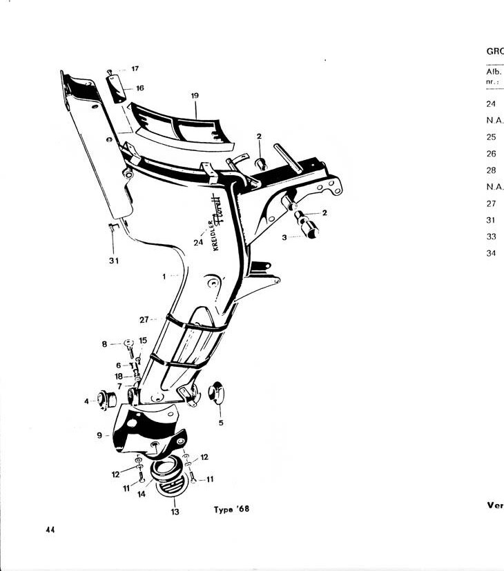 Explosietekening Frame, balhoofd, slot (2) Kreidler Florett 1963-1969 (Eitank, tussenmodel en buffeltank)