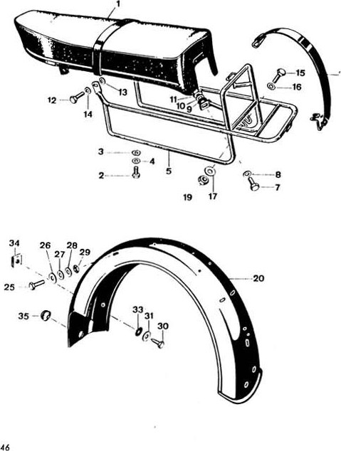 Explosietekening Buddyseat, bagagerek en achterspatbord Kreidler Florett 1963-1969 (Eitank, tussenmodel en buffeltank)
