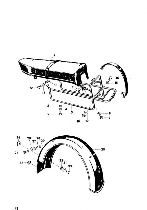 Explosietekening Buddyseat, bagagerek en achterspatbord (2) Kreidler Florett 1963-1969 (Eitank, tussenmodel en buffeltank)