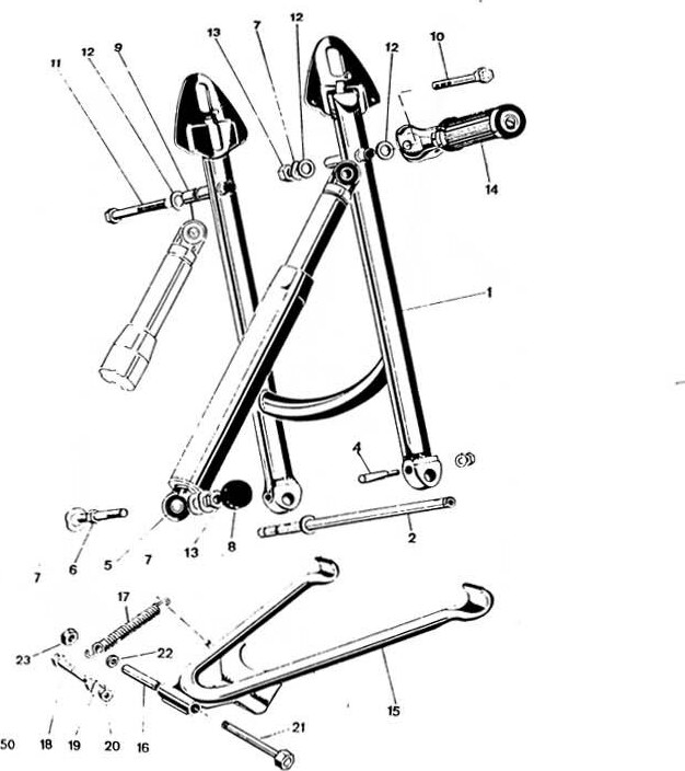 Explosietekening Achtervork, schokbrekers, standaard Kreidler Florett 1963-1969 (Eitank, tussenmodel en buffeltank)