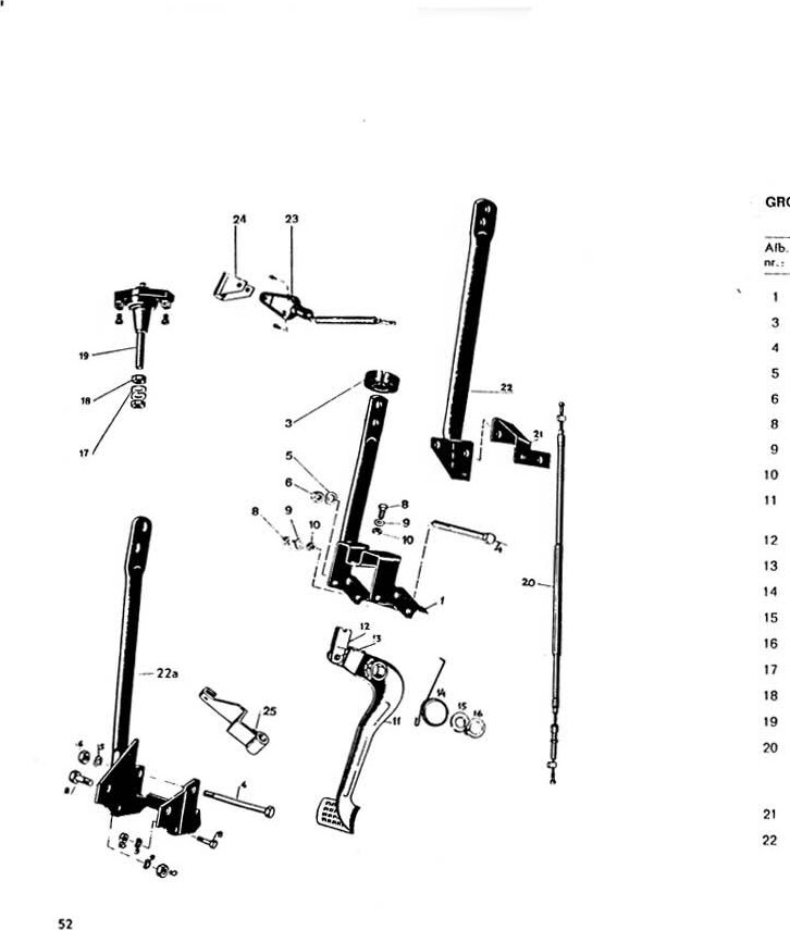 Explosietekening Onderbouw, voetsteunen, rempedaal, remlichtschakelaar Kreidler Florett 1963-1969 (Eitank, tussenmodel en buffeltank)