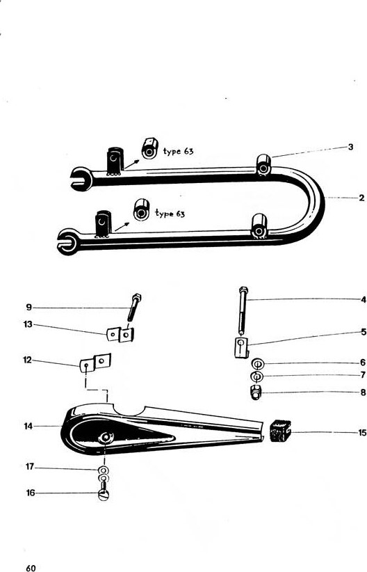Explosietekening Liggende voorvork, sierkappen Kreidler Florett 1963-1969 (Eitank, tussenmodel en buffeltank)