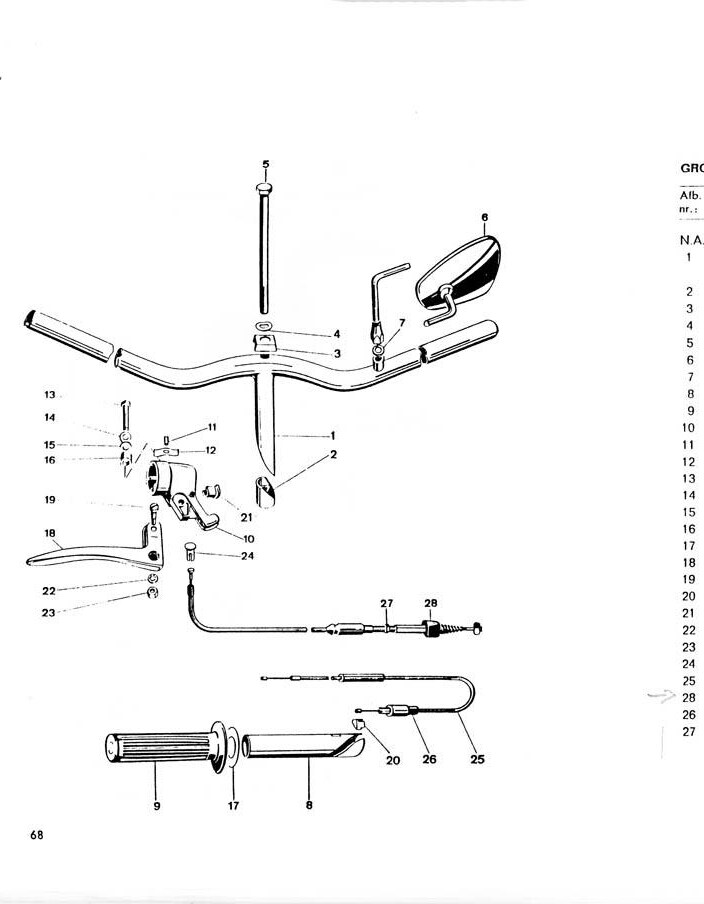 Explosietekening Stuur, spiegel, gasdraaigreep, bowdenkabels Kreidler Florett 1963-1969 (Eitank, tussenmodel en buffeltank)