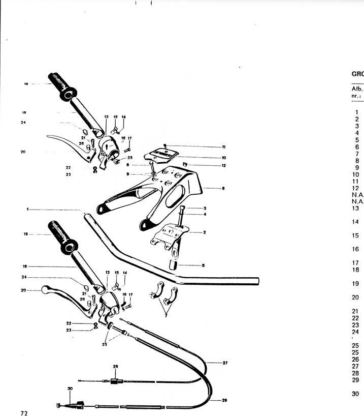 Explosietekening Stuur, spiegel, gasdraaigreep, bowdenkabels nnee Kreidler Florett 1963-1969 (Eitank, tussenmodel en buffeltank)