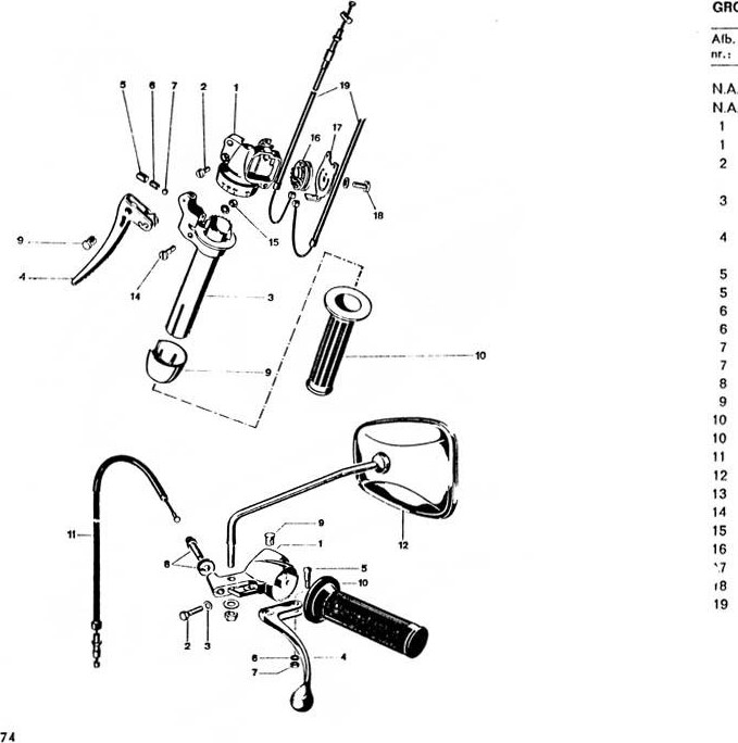 Explosietekening Schakelhandel, koppelingshandel, koppelingskabel Kreidler Florett 1963-1969 (Eitank, tussenmodel en buffeltank)