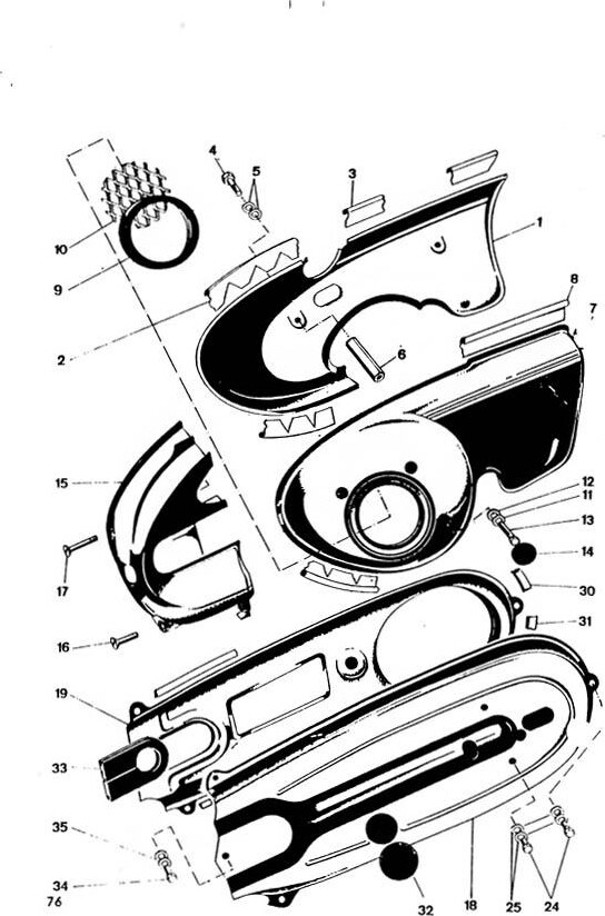 Explosietekening Motorschermen, kettingkast Kreidler Florett 1963-1969 (Eitank, tussenmodel en buffeltank)