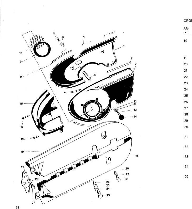 Explosietekening Motorschermen, kettingkast (2) Kreidler Florett 1963-1969 (Eitank, tussenmodel en buffeltank)