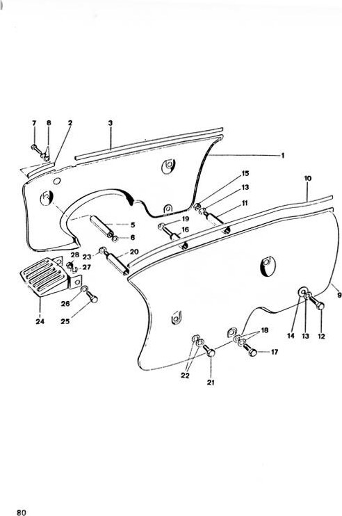 Explosietekening Motorschermen (rijwind gekoeld) Kreidler Florett 1963-1969 (Eitank, tussenmodel en buffeltank)