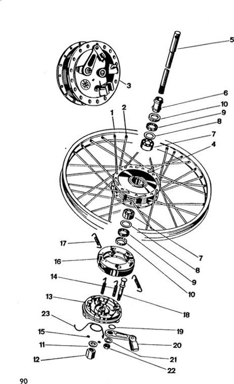 Explosietekening Voorwiel be Kreidler Florett 1963-1969 (Eitank, tussenmodel en buffeltank)