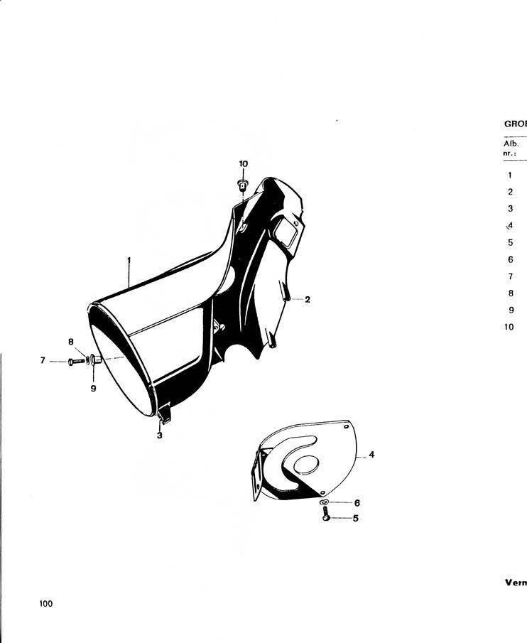 Explosietekening Lamphuis, lampsteun Kreidler Florett 1963-1969 (Eitank, tussenmodel en buffeltank)
