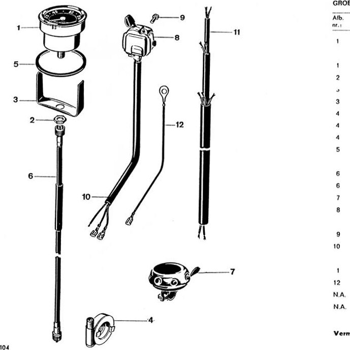 Explosietekening Tellerklok, kabel, bel Kreidler Florett 1963-1969 (Eitank, tussenmodel en buffeltank)