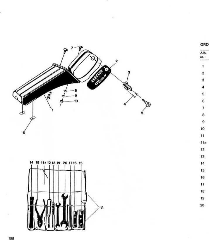 Explosietekening Gereedschapkastie, gereedschap Kreidler Florett 1963-1969 (Eitank, tussenmodel en buffeltank)