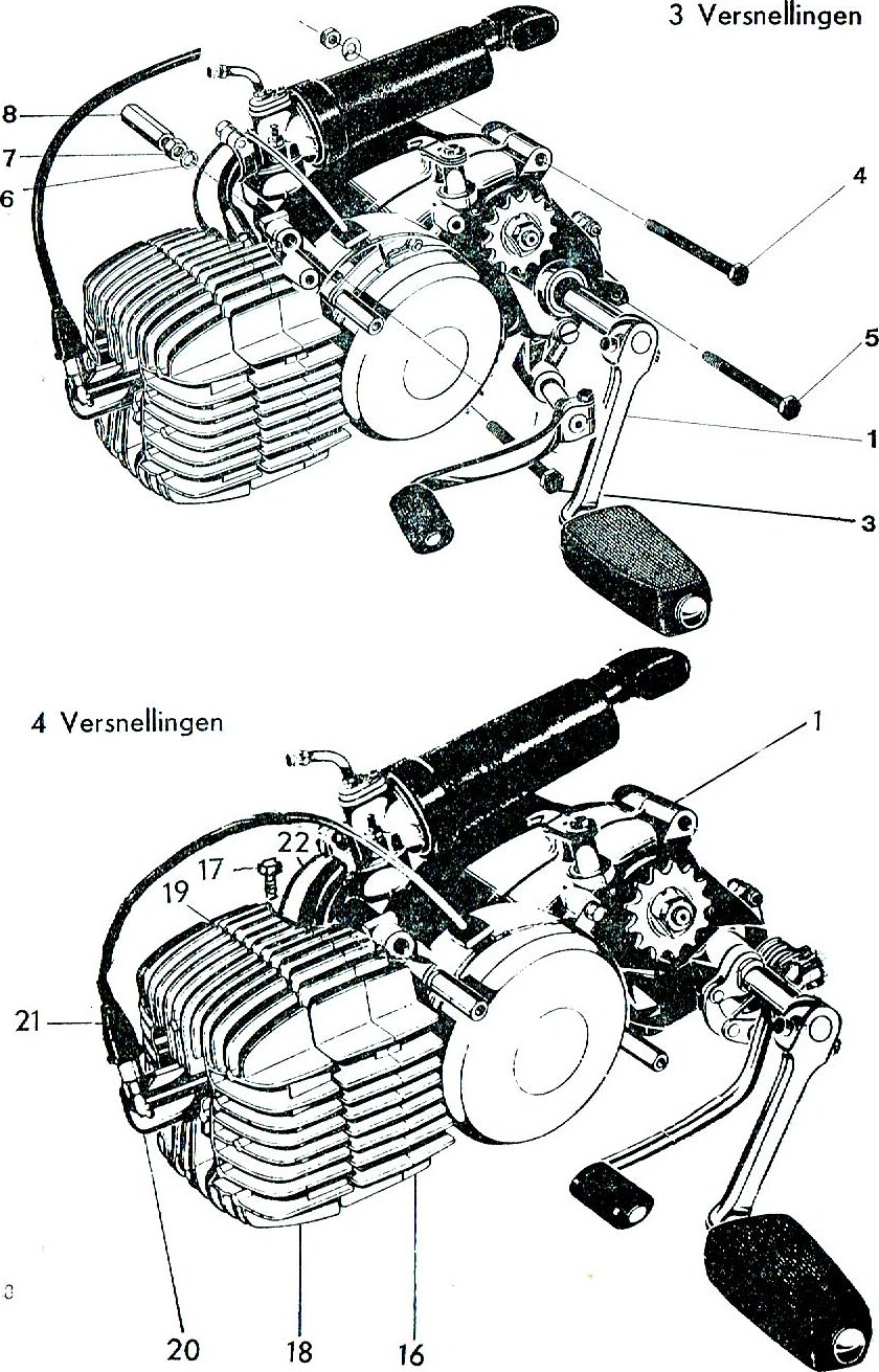 Explosietekening Complete motor, 3 versnellingen Kreidler Florett bromfiets 1972 (3 en 4 versnellingen)