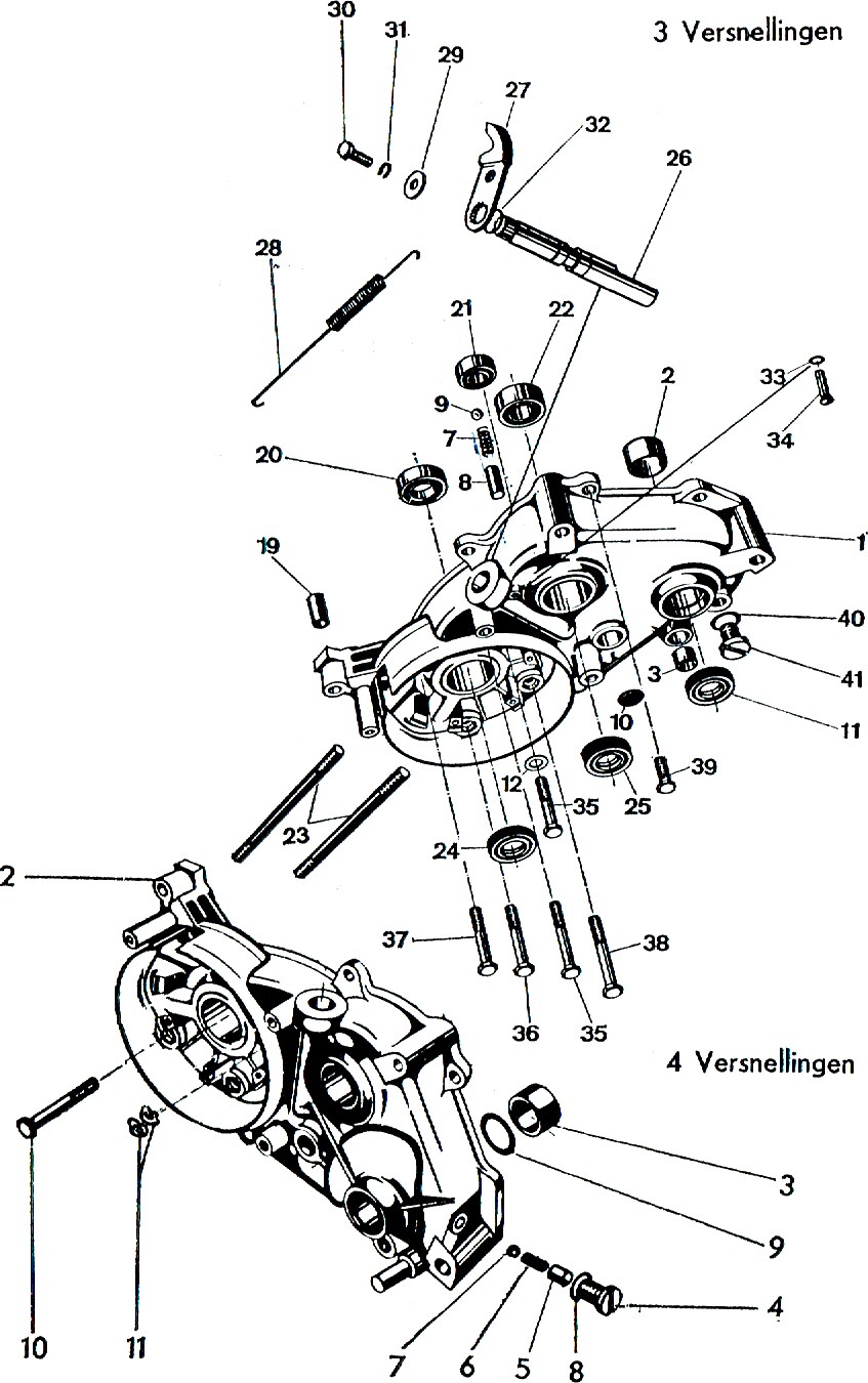 Explosietekening Carterhelft links 3 versnellingen Kreidler Florett bromfiets 1972 (3 en 4 versnellingen)