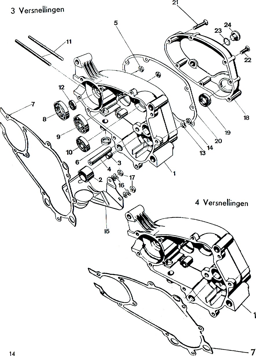 Explosietekening Carterhelft rechts (3 versnellingen) Kreidler Florett bromfiets 1972 (3 en 4 versnellingen)