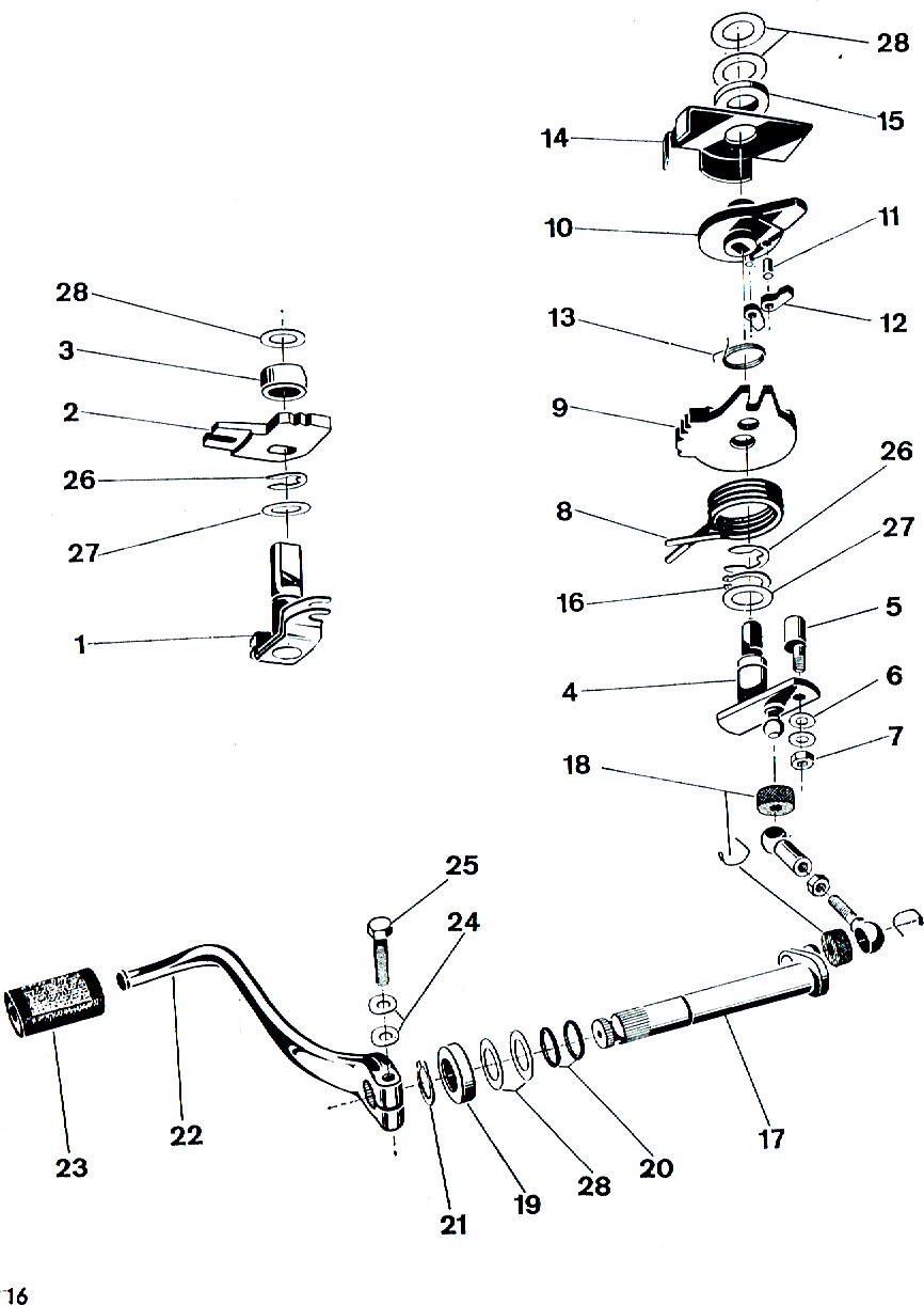Explosietekening Schakelmechanisme voor voetschakeling 1 1501 82 schakelhefboom Kreidler Florett bromfiets 1972 (3 en 4 versnellingen)