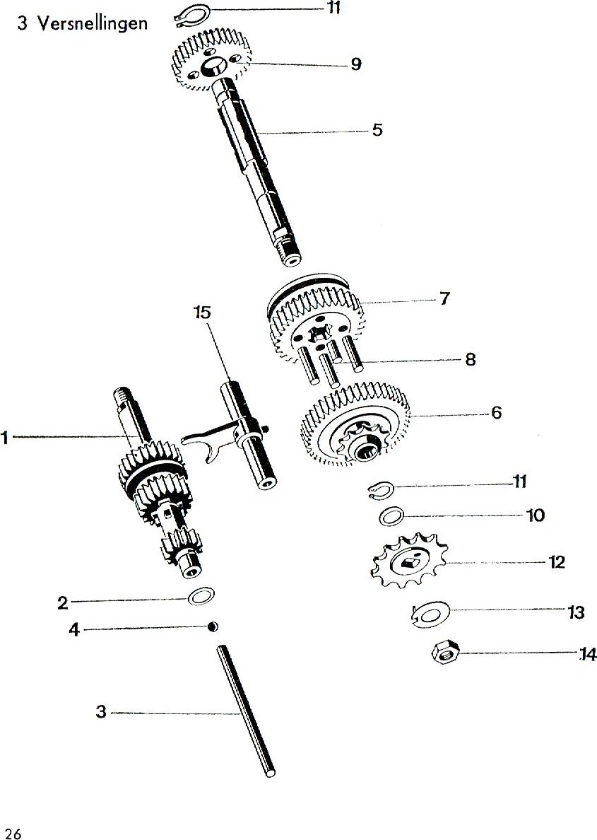 Explosietekening Schakeltandwielen met toebehoren, 3 versnellingen Kreidler Florett bromfiets 1972 (3 en 4 versnellingen)