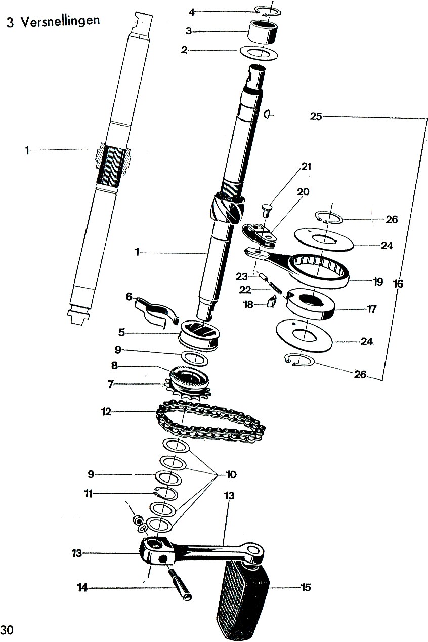 Explosietekening Aantrapmechanisme met remhefboom, 3 versnellingen Kreidler Florett bromfiets 1972 (3 en 4 versnellingen)