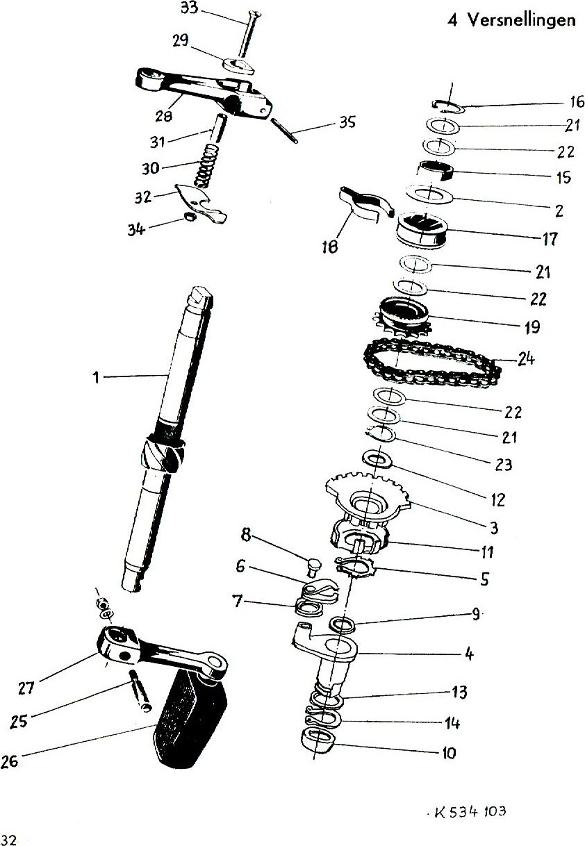 Explosietekening Aantrapmechanisme 4 versnellingen Kreidler Florett bromfiets 1972 (3 en 4 versnellingen)