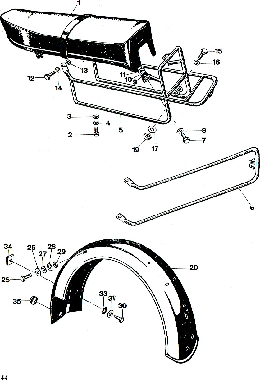 Explosietekening Buddyseat, bagagerek en achterspatbord Kreidler Florett bromfiets 1972 (3 en 4 versnellingen)