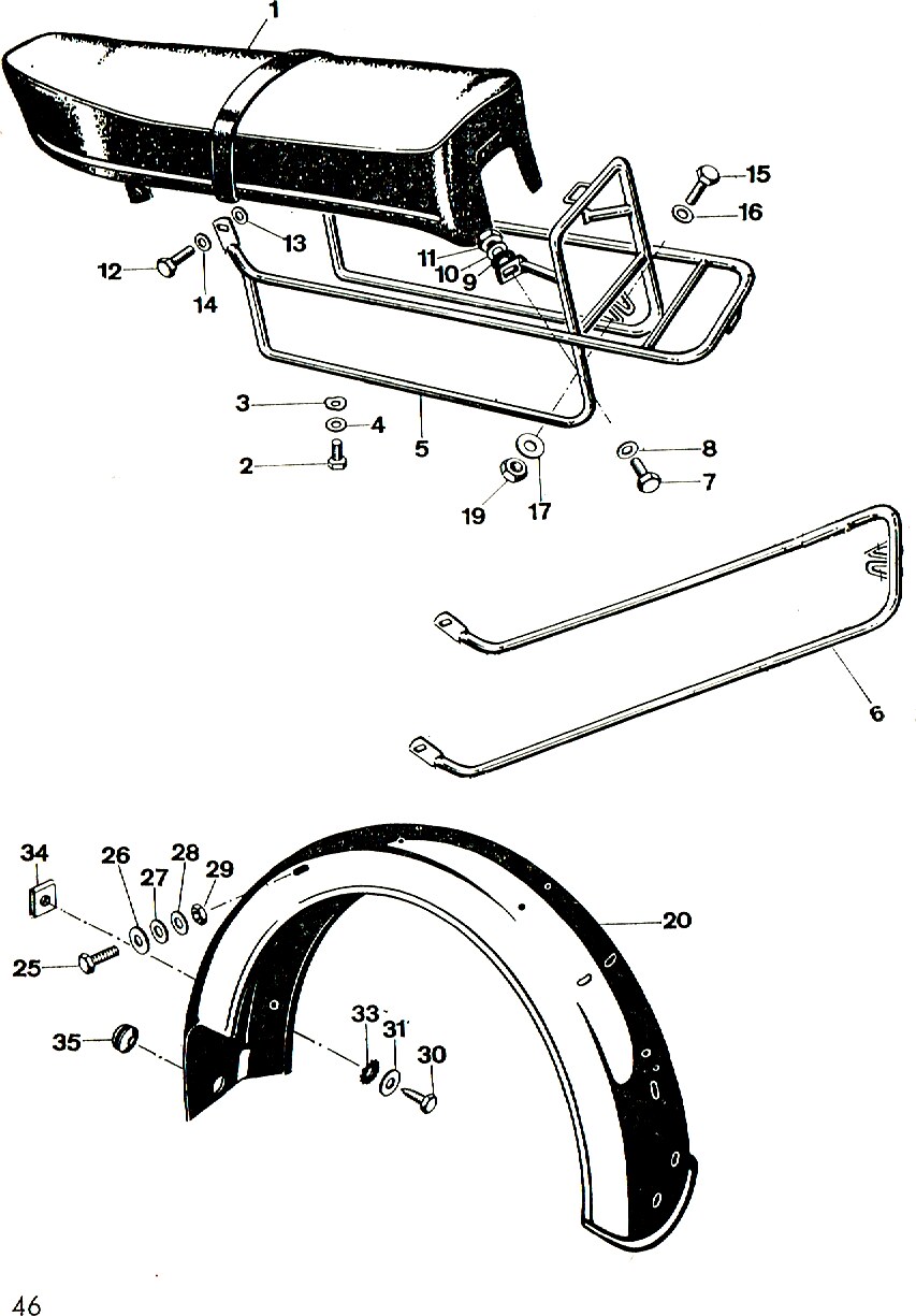 Explosietekening Buddyseat, bagagerek en achterspatbord (2) Kreidler Florett bromfiets 1972 (3 en 4 versnellingen)