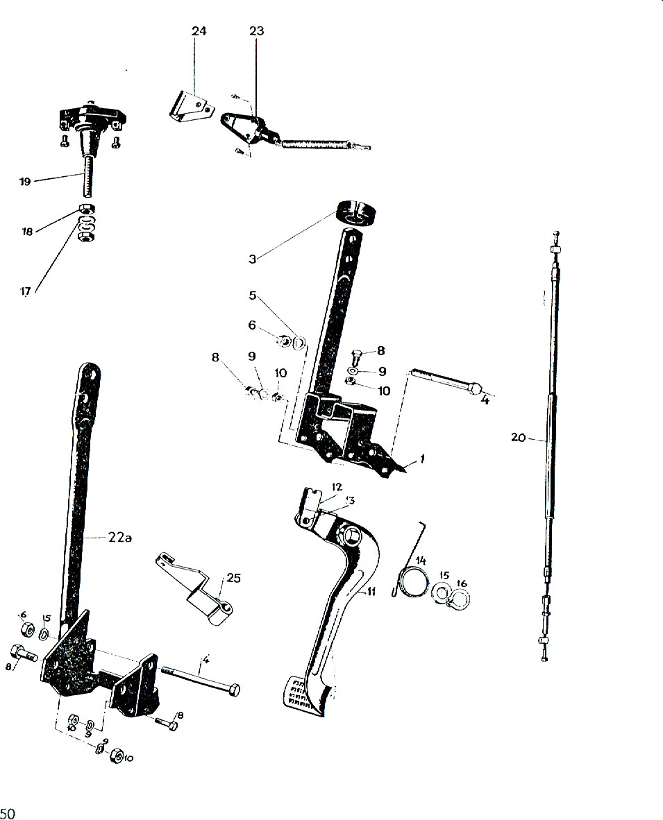 Explosietekening Onderbouw, voetsteunen, rempedaal, remlichtschakelaar Kreidler Florett bromfiets 1972 (3 en 4 versnellingen)