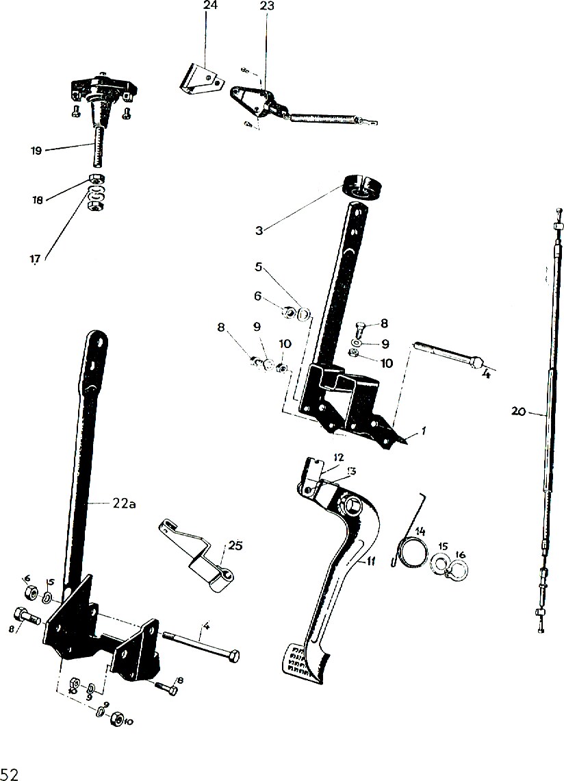 Explosietekening Onderbouw, voetsteunen, rempedaal, remlichtschakelaar (2) Kreidler Florett bromfiets 1972 (3 en 4 versnellingen)