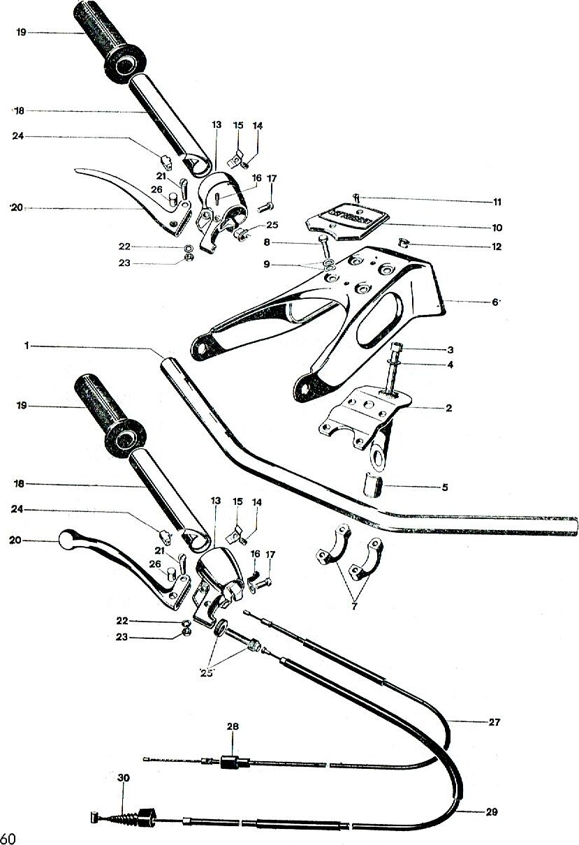 Explosietekening Stuur, spiegel, gasdraaigreep, bowdenkabels Kreidler Florett bromfiets 1972 (3 en 4 versnellingen)