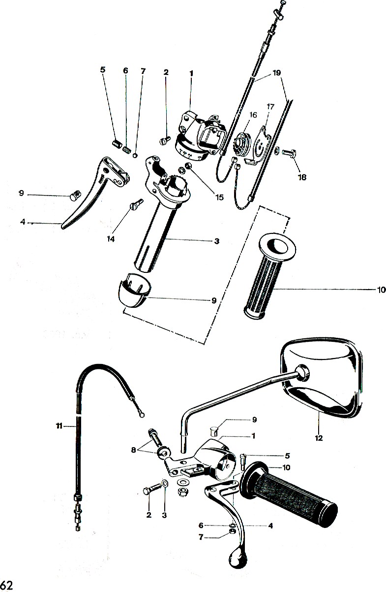 Explosietekening Schakelhandle, koppelingshandle, koppelingskabel 0 Kreidler Florett bromfiets 1972 (3 en 4 versnellingen)