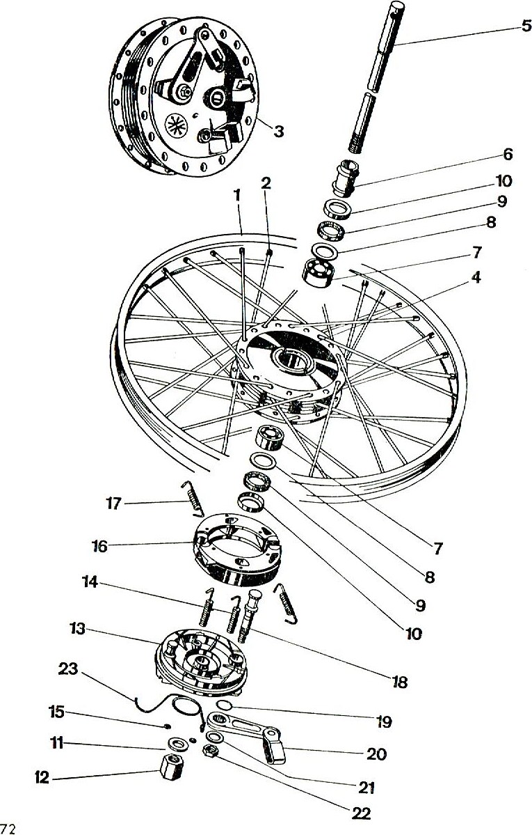Explosietekening Voorwiel Kreidler Florett bromfiets 1972 (3 en 4 versnellingen)