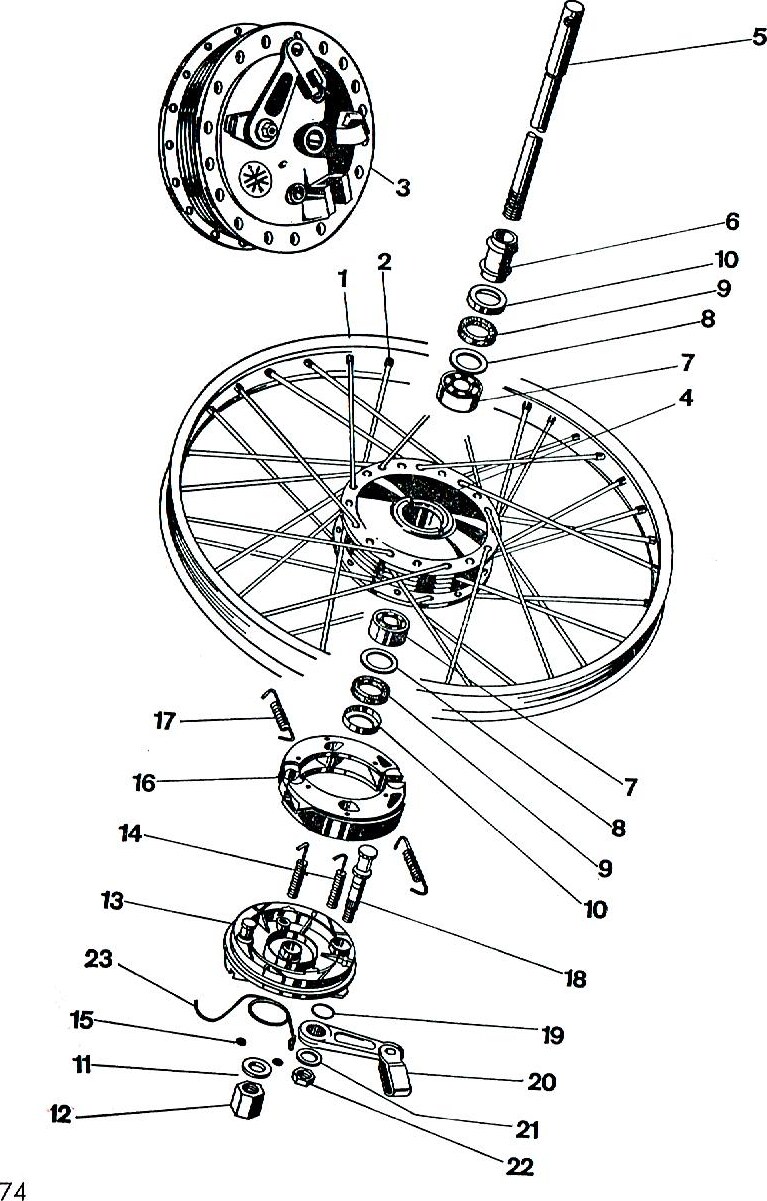 Explosietekening VOORWIEL — 06 1224 remankerplaat compleet 1 Kreidler Florett bromfiets 1972 (3 en 4 versnellingen)