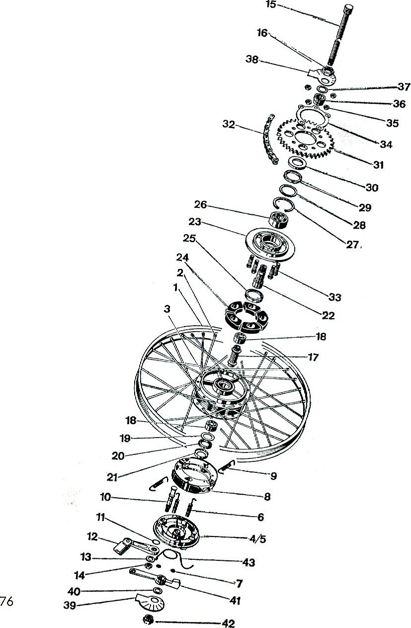Explosietekening Achterwiel Kreidler Florett bromfiets 1972 (3 en 4 versnellingen)